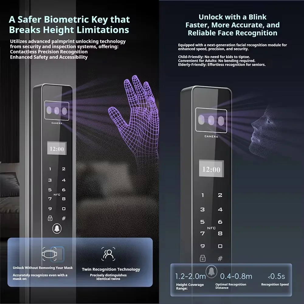 Outdoor Waterproof Face Fingerprint Aluminum Glass Smart Lock Visual Intercom Tuya Wifi App Digital Lock Nfc Key Card Door Lock