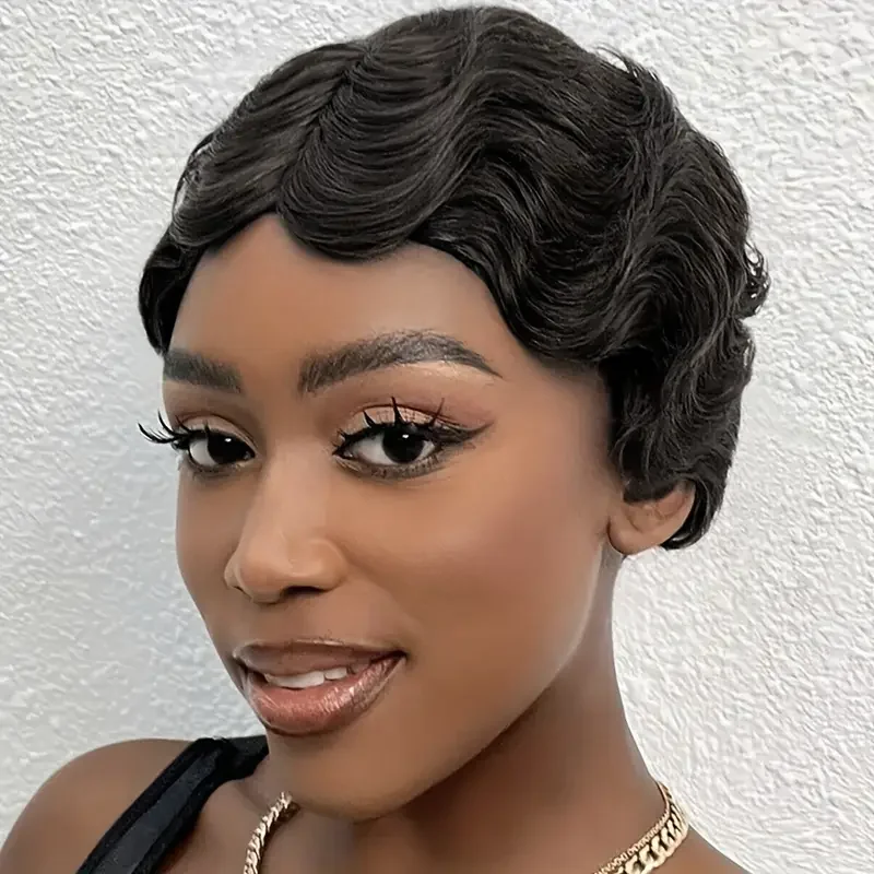 흑인 여성용 짧은 곱슬 픽시컷 전체 기계 제작 가발 100% 인모