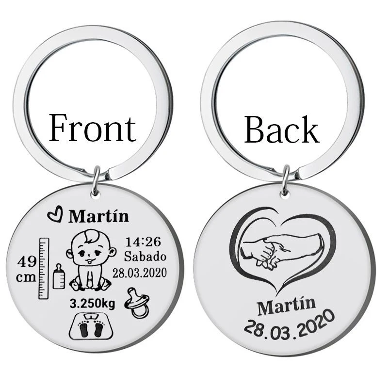 Lovely Personalized Engraved Stainless Steel Keychain Name Birth Weight Height For Newborn Baby Information Keyring Gift