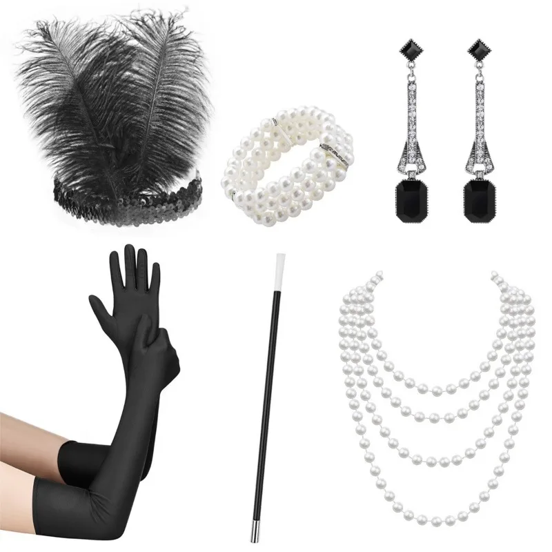 6pcs 1920 Gatsby Accessories Ball Party Christmas Halloween Set Hair Band Smoke Rod Gloves Earrings Necklace Bracelet