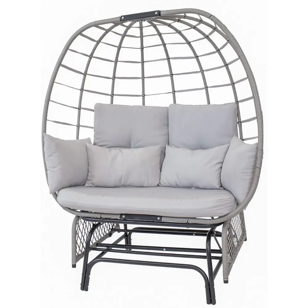 2-Seat Outdoor Glider Rocking Egg Chair with Cushions and Pillows in Gray