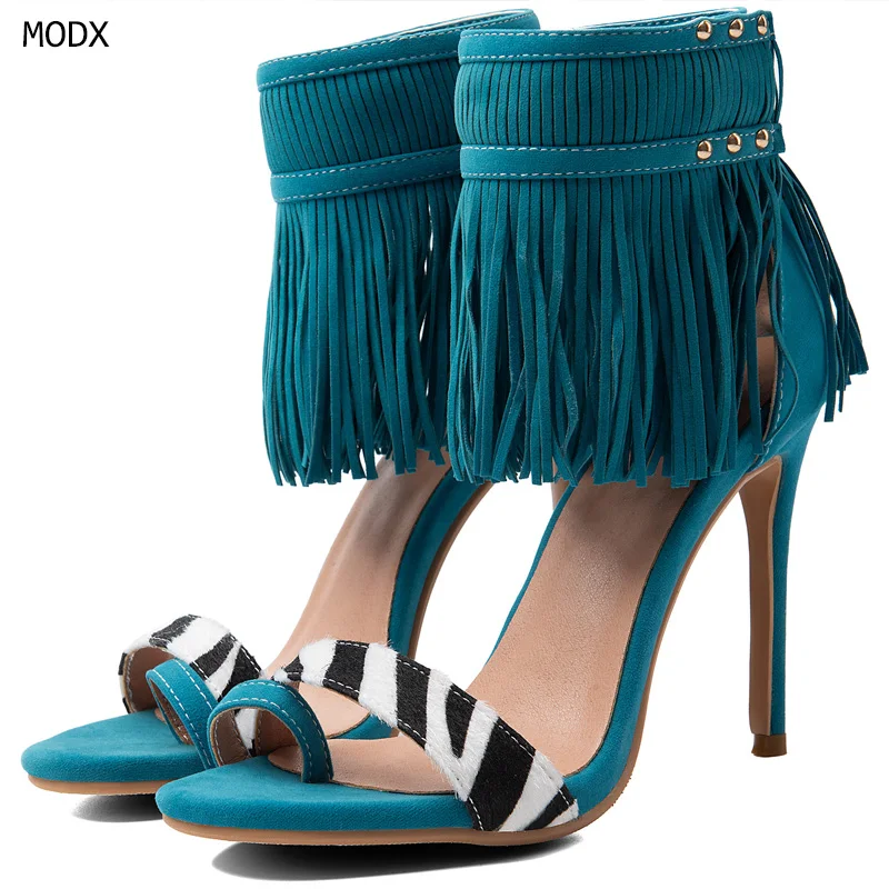 2026 Retro Blue Fringe Stiletto Sandals Frosted Round Toe Milk Lines Straps High Heels Fashion Roman Shoes Summer New Women 44
