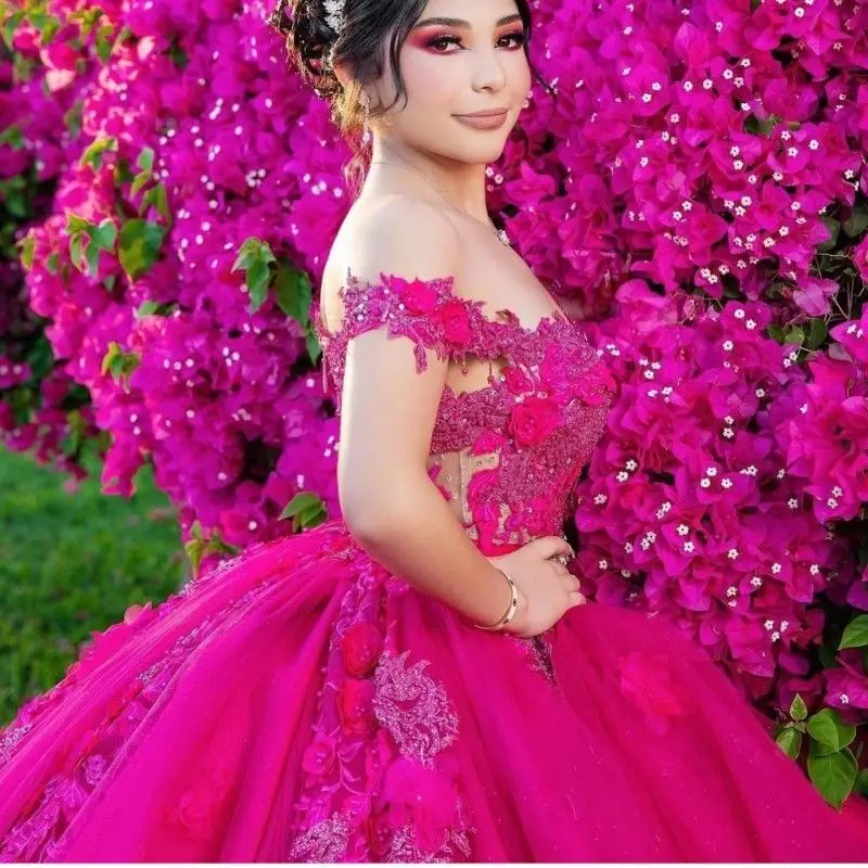 Lorencia Shiny Quinceanera Dress Mexican Sweetheart Lace 3DFlower Puffy Ball Gowns Applique Sweet 16 Vestidos De XV Anos YQD366