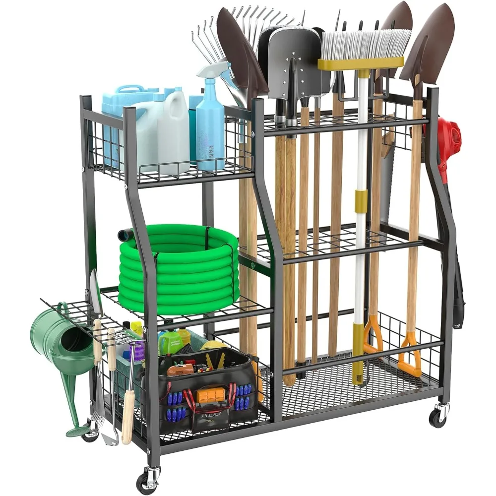 

Garden Tool Organizer Rolling Cart with Wheels Large Storage Stand for Rakes Shovels Yard Tools Indoor Outdoor Garage