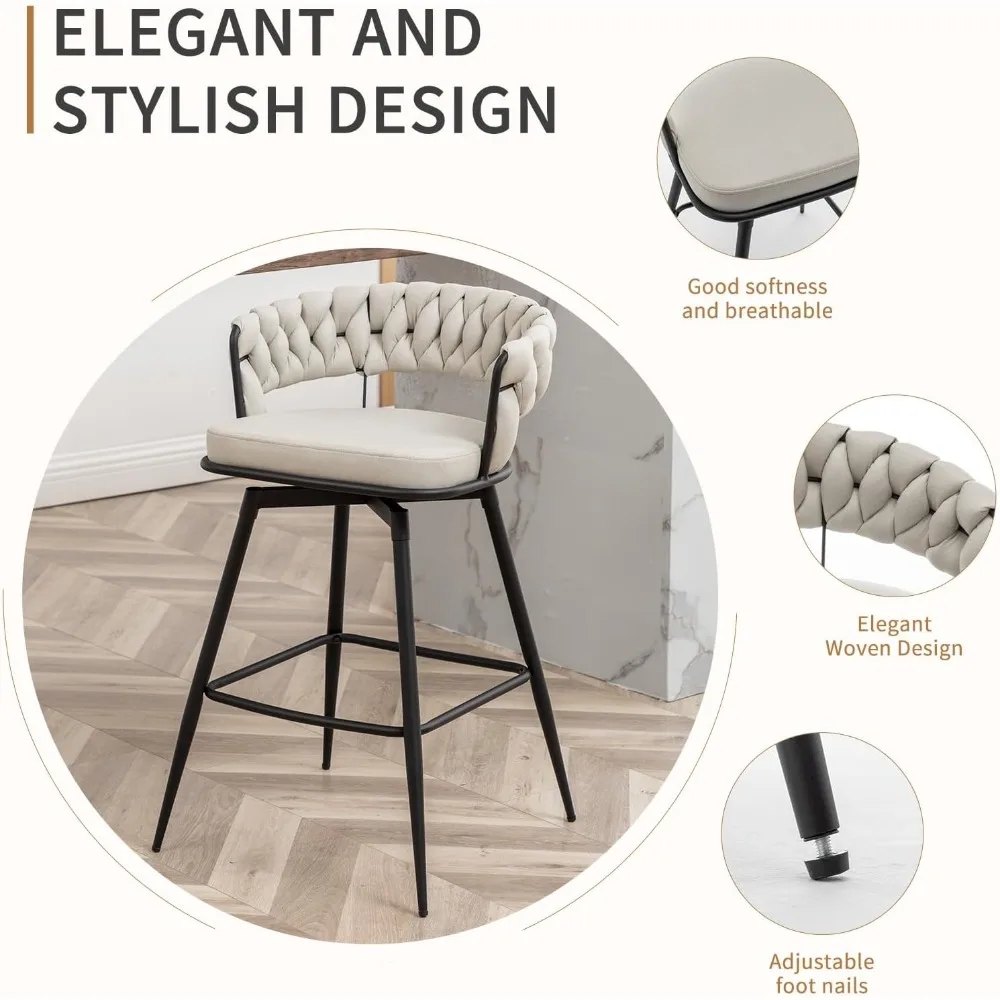Conjunto de 4 bancos de bar com altura de balcão, cadeiras de bar modernas de 26 polegadas com encosto tecido, 360 °   Bancos de bar giratórios para ilha de cozinha, café