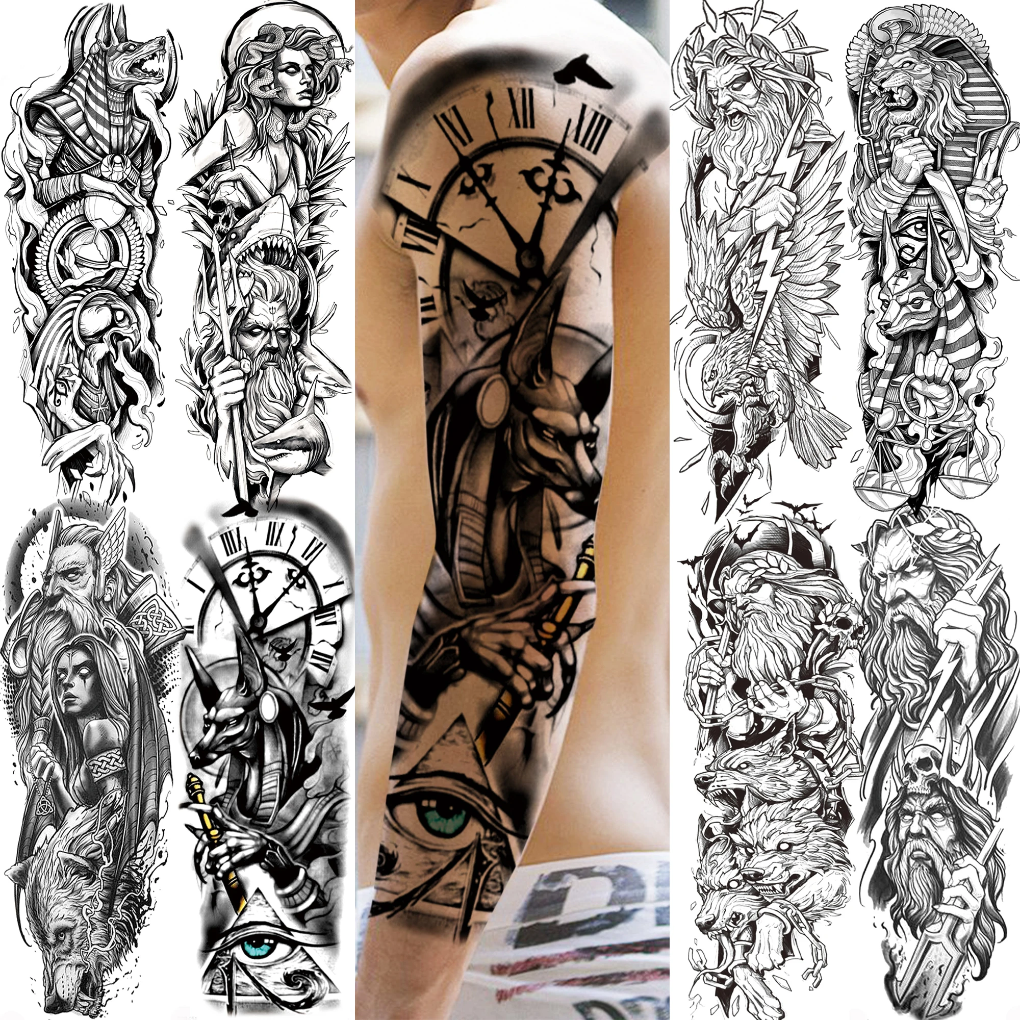 

1 Sheet Poseidon God Zeus Temporary Tattoos For Men Adult Full Arm Sleeve Fake Large Size Tattoo Sticker Transferable Disposable