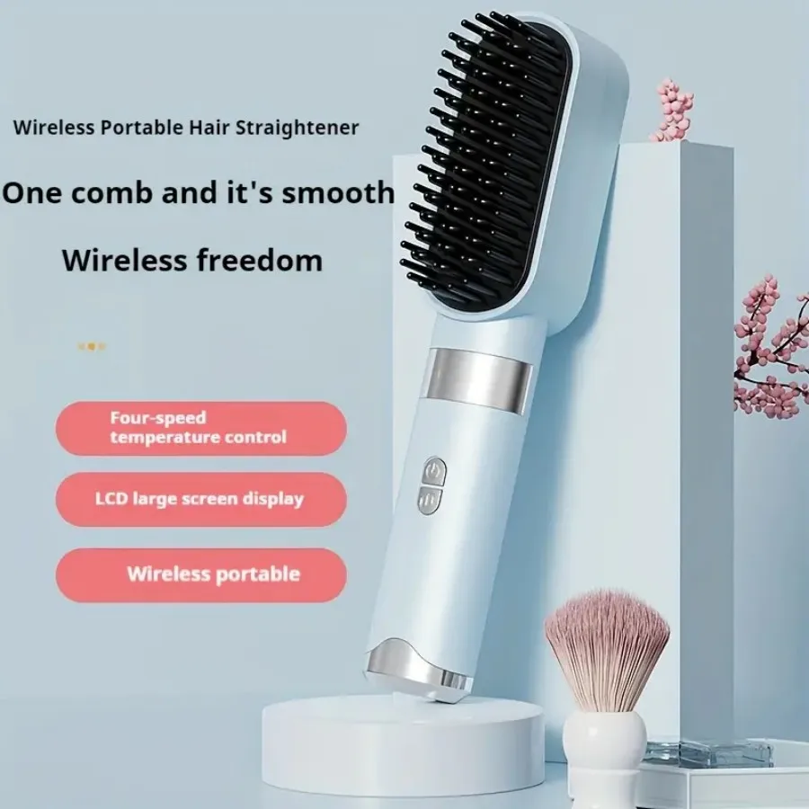 Portable Wireless USB Rechargeable Ceramic Ion Hair Straightening Comb Hot Air Brush No Damage Curling Iron Suitable for All Ha