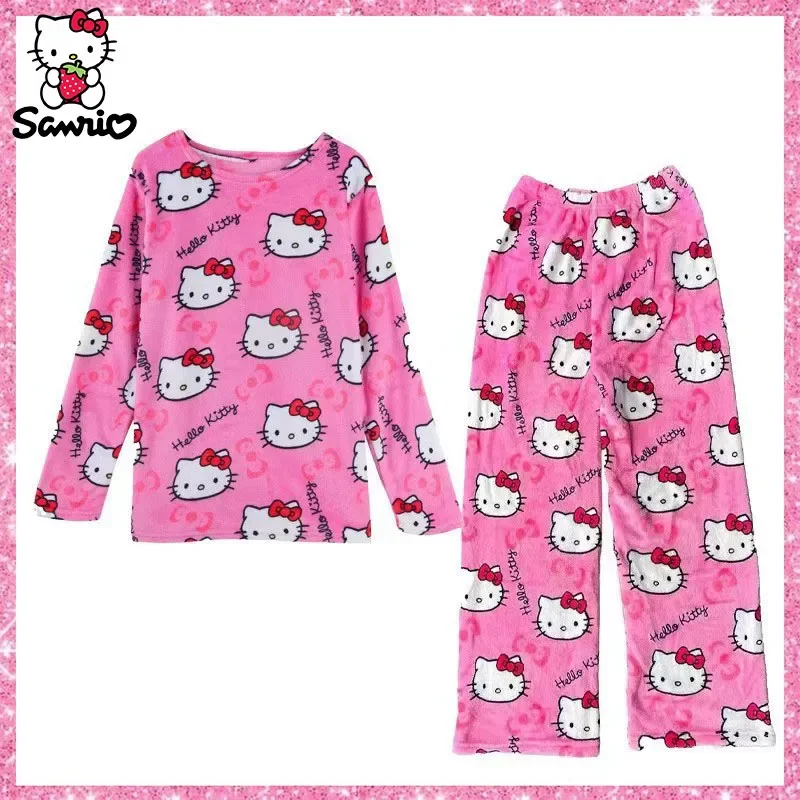 Kawaii Sanrio Hello Kitty Pyjamas Sleepwear Autumn and Winter Homewear Pyjama Set Clothes Flannel Top Girl Christmas Gift Women