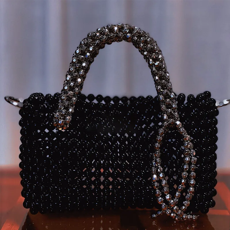 Luxury Black Beaded Bag Women\'s Fashion Retro Simple Handbag Hand-woven Chain Crystal Bags 2023 New Clutches сумка из бусин