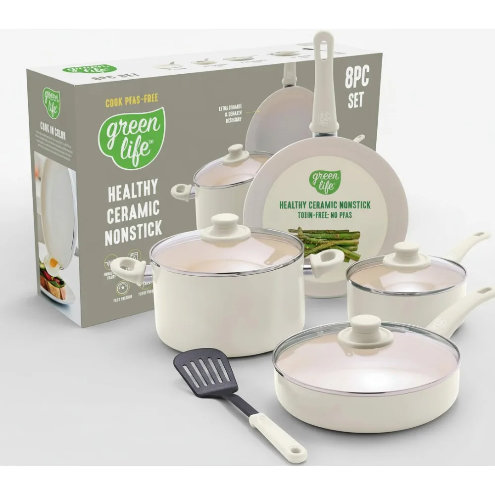 

8-Piece Ceramic Nonstick Cookware Set, PFAS-Free Oven Safe Pots & Pans with Glass Lids, Stay-Cool Handles for Home Chefs