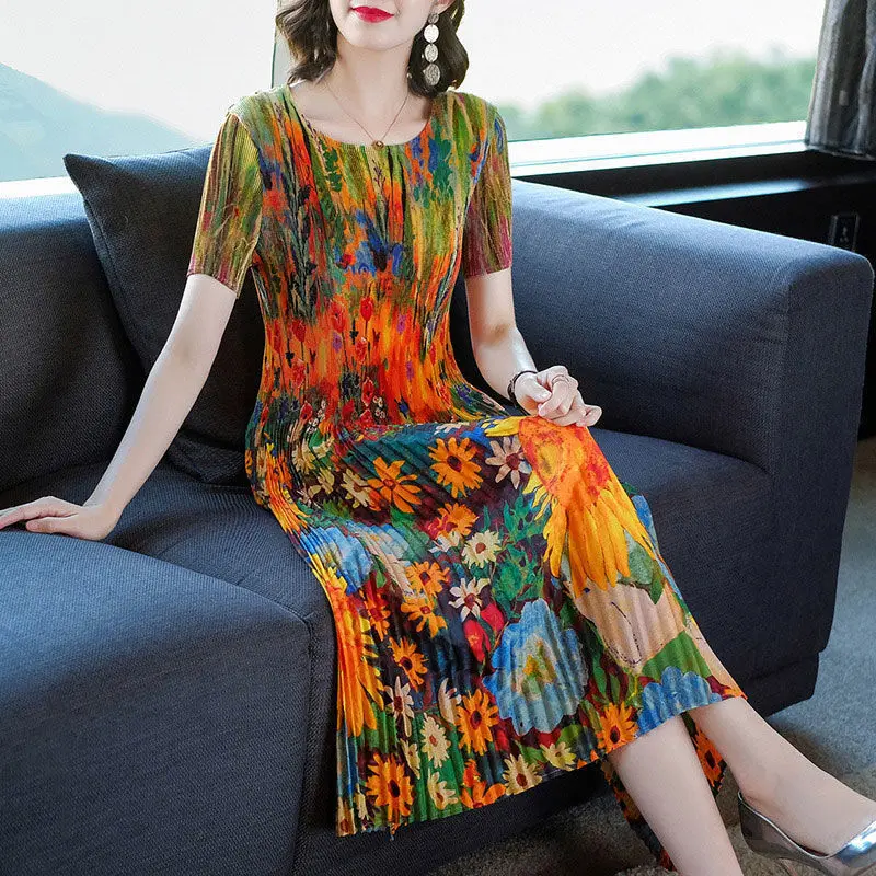 

Ethnic wind printer painted dress female 2023 summer new fashion temperament large size slim thin pleated o neck dress tops