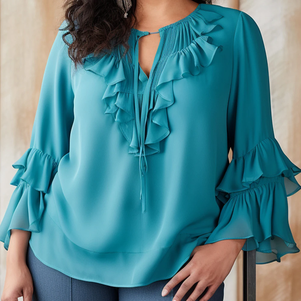 Flycurvy Plus Size Casual Chic Chic Bule Chiffon Ruche Flare Mouw Blouse V-Hals Tops