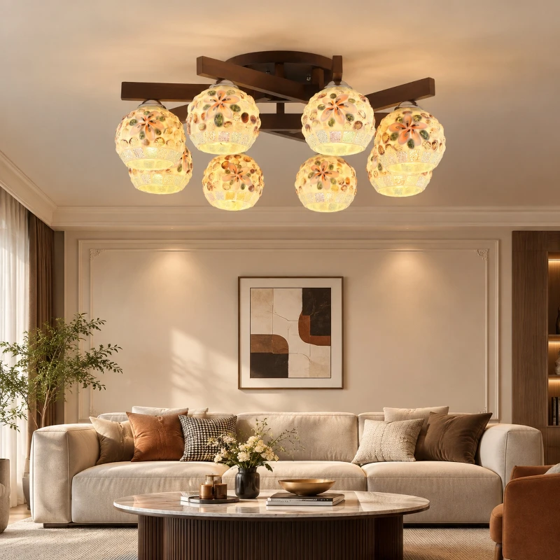 American Retro Colored Shell Ceiling Light E27 Living Room Entrance Bedroom Study Balcony Advanced Atmosphere Decoration Lamp