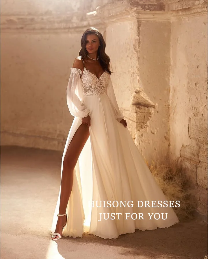 HUISONG Suknie ślubne w stylu boho z szyfonu, z koronkowymi aplikacjami, długie rękawy, dekolt w serce, fason A-line, sukienka dla panny młodej na plażę, szyta na miarę.