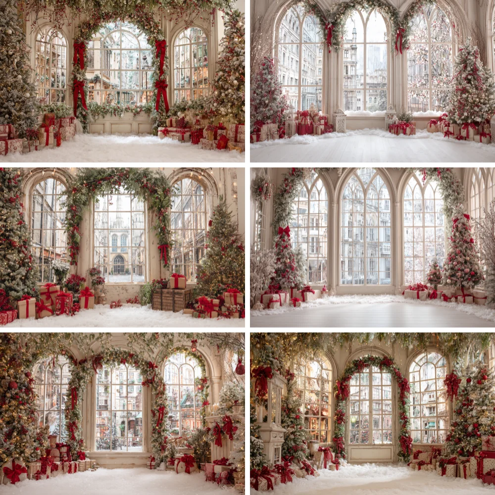 

Winter Christmas Photography Background Window Xmas Tree Chic Wall Gift Indoor Decor Banner Kids Portrait Photocall Backdrops