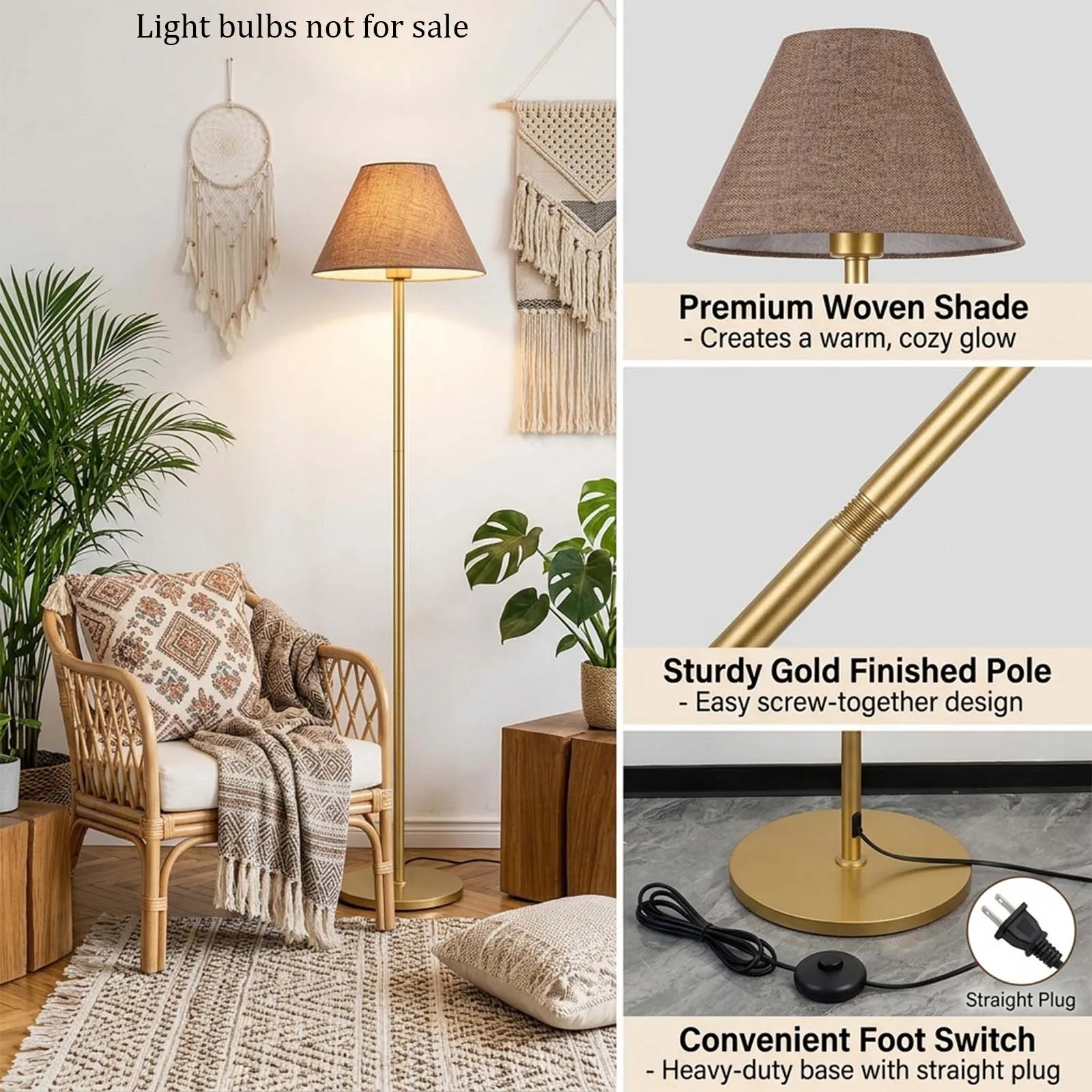 Gold Boho Floor Lamp with Brown Woven Cone Shade and Foot Switch and Straight Plug for Warm Living Room