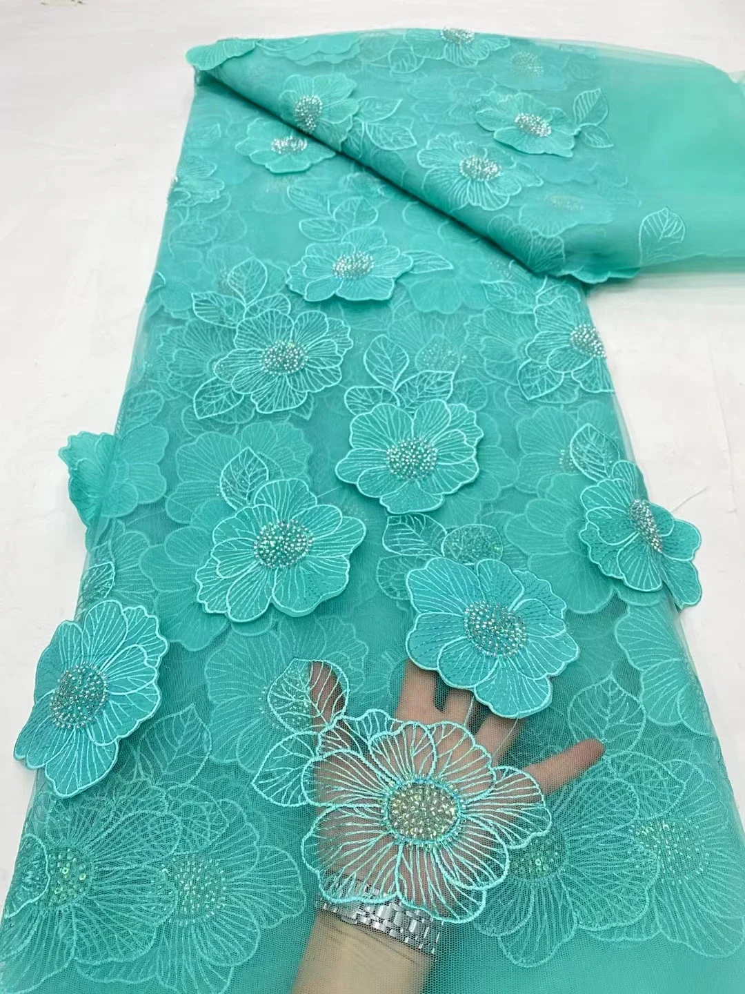 

Green 3D Flowers Beaded Sequins African Lace Fabric 2024 French Handmade beads 3D Lace Fabric For Party Dress Sewing PDP24119