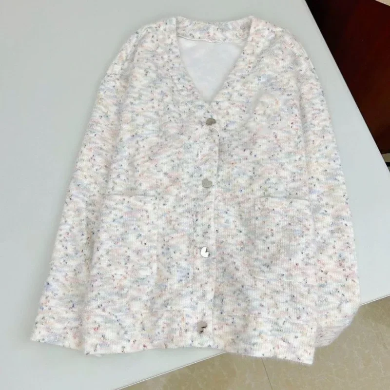

Colorful Polka Dot Soft Cardigan Sweater Women Spring Autumn Loose Knitted Top Elegant Heart Button V-neck Long Sleeved