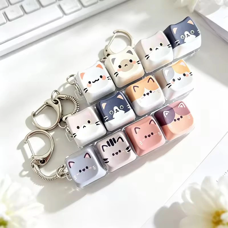 Cute Cat 4-Key Keyboard Fidget Toy, Crisp Sound Relax Button Keycap, Portable Stress Relief Fidget Clicker Keychain Gift