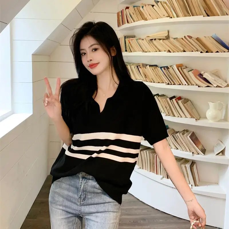 Fashion Lapel Casual Short Sleeve Knitted Striped Blouses Female Clothing 2024 Summer New Loose All-match Tops Sweet Shirts