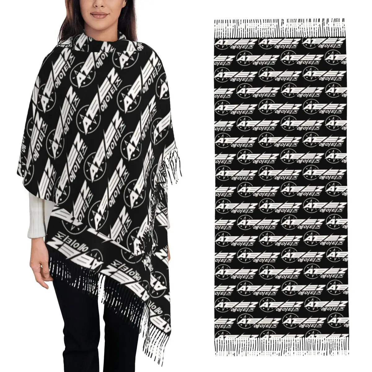 

Kpop Ateezs Logo A Teenager Zs Шарф Шарфы с кисточками Женские мягкие теплые шали и накидки Большая осенне-зимняя шаль