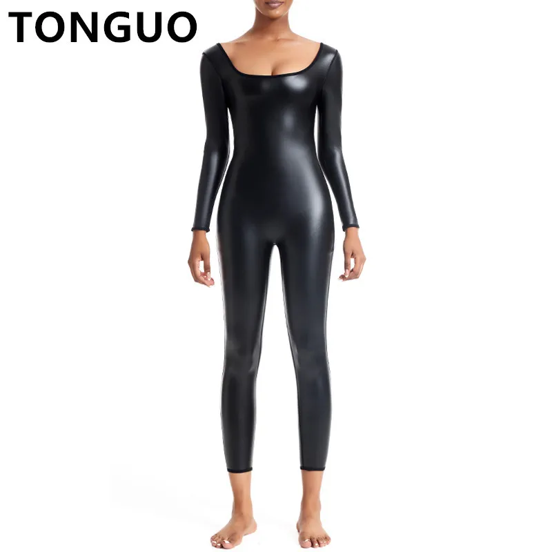 

Womens Leather Bodysuit Shapewear Body Shaper Tummy Control Slimming Leggings Thigh Slimmer Long Sleeves Abdomen Shapers Corsets