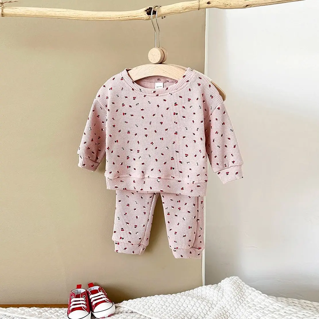 2024 Newborn Baby Sets Spring Autumn Warm Cotton Clothes Waffle Fruits Print Leisure Sportswear Boys Girls Infant 0-3Y