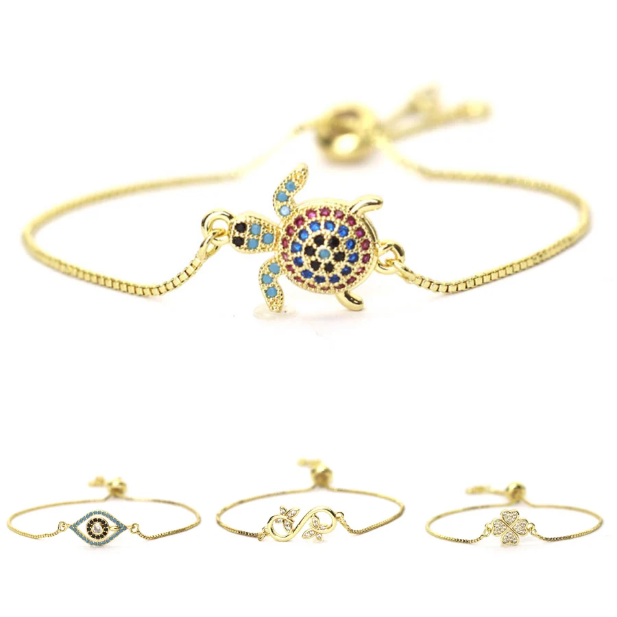 女性のための高級ジルコニアブレスレット,花,十字架,邪眼,ビーチタートル,ガールフレンドへの完璧な贈り物