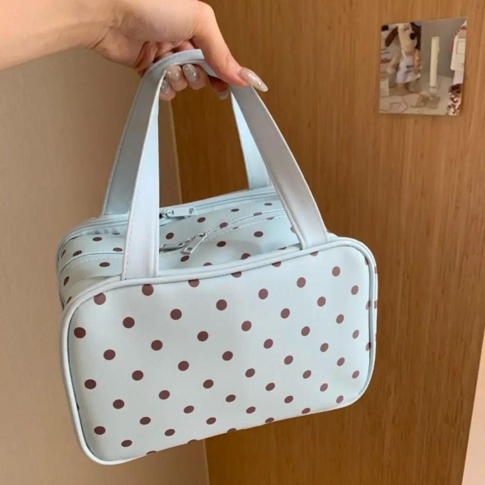 Polka Dot Handheld Makeup Bag Three Layer Partition Waterproof Pu Cosmetic Bag Multifunctional Large Capacity Travel Tote
