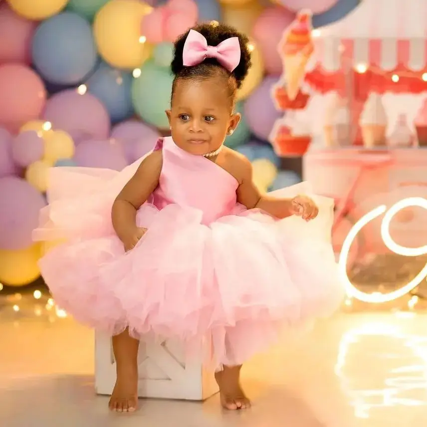 Vestidos de niña de flores rosa rubor para boda, un hombro, arena para bebés, cumpleaños, sesión de fotos, vestidos de graduación para niños, fiesta