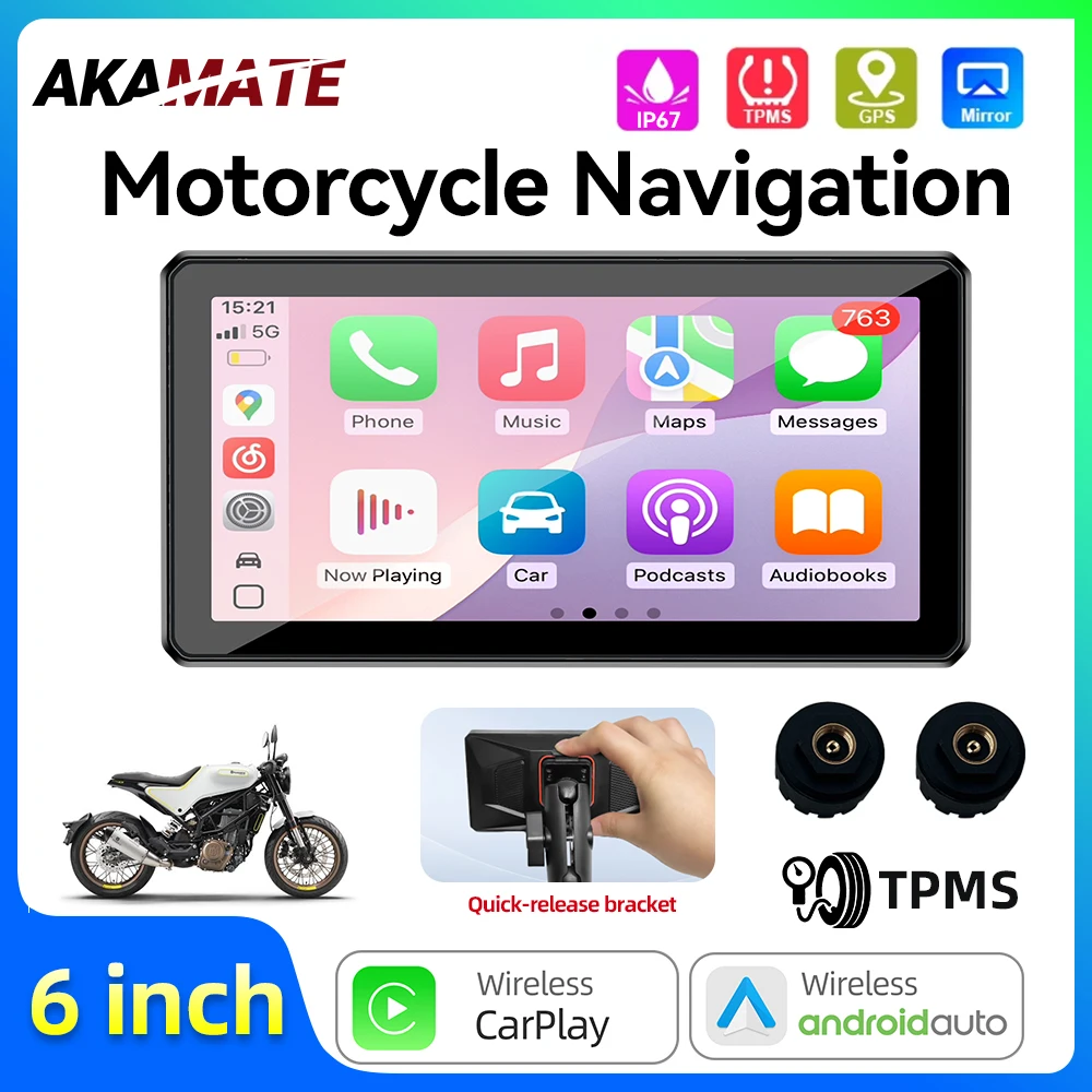 

6-дюймовый монитор двигателя, беспроводной CarPlay Android Auto, GPS-навигационный экран, водонепроницаемый IPS, Bluetooth, Wi-Fi, портативный мотоцикл