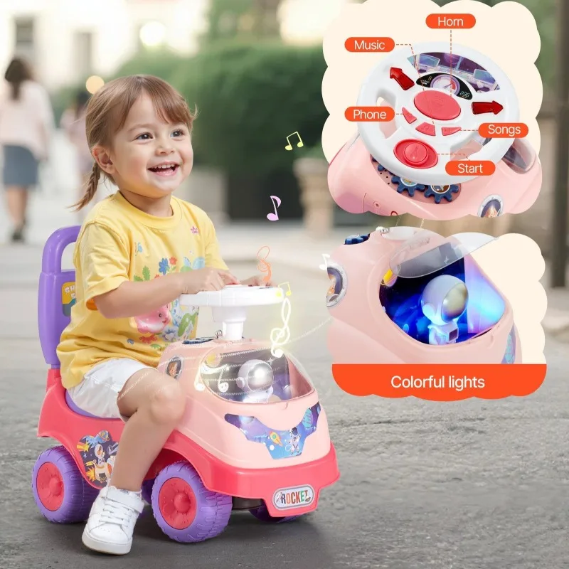 Samochodzik do pchania dla malucha, zabawka do jazdy, klakson, muzyka, schowek pod siedzeniem, chodzik z napędem na stopy, dla dzieci, chłopców, dziewczynek, różowy