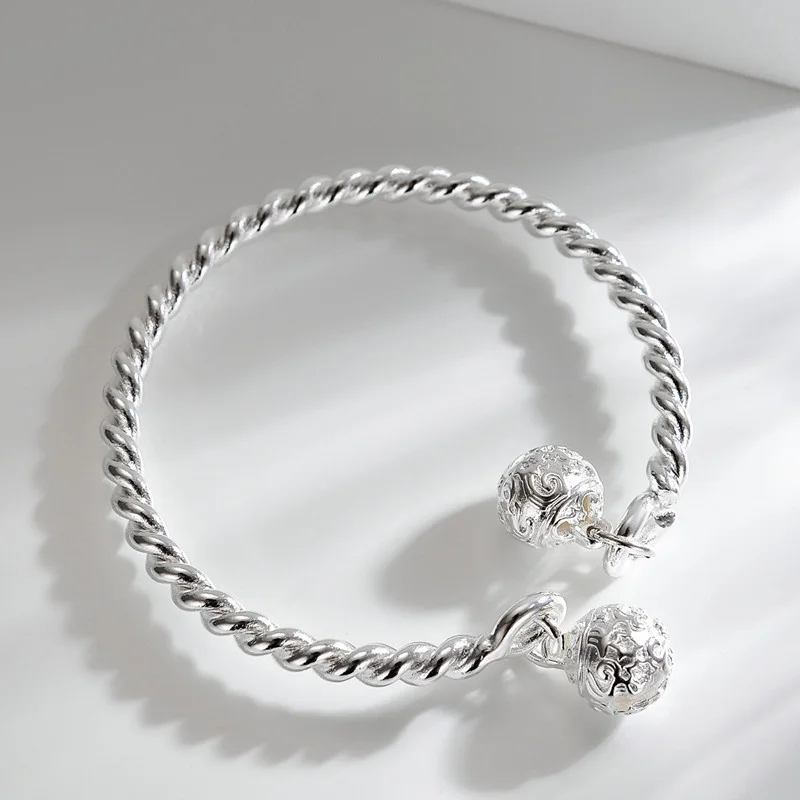S999 Pure Silver Open Cuff Bangle For Couple Twisted Braided Bracelet With Hollow Carved Bell Charms Women Men Matching Wrist Je