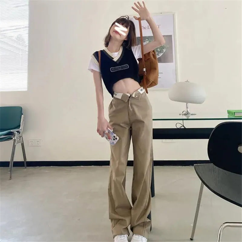 Hit Color High Waist Pants Women Pockets Loose High Street Straight Pants Summer Navy Blue Khaki Trousers Female S-XL