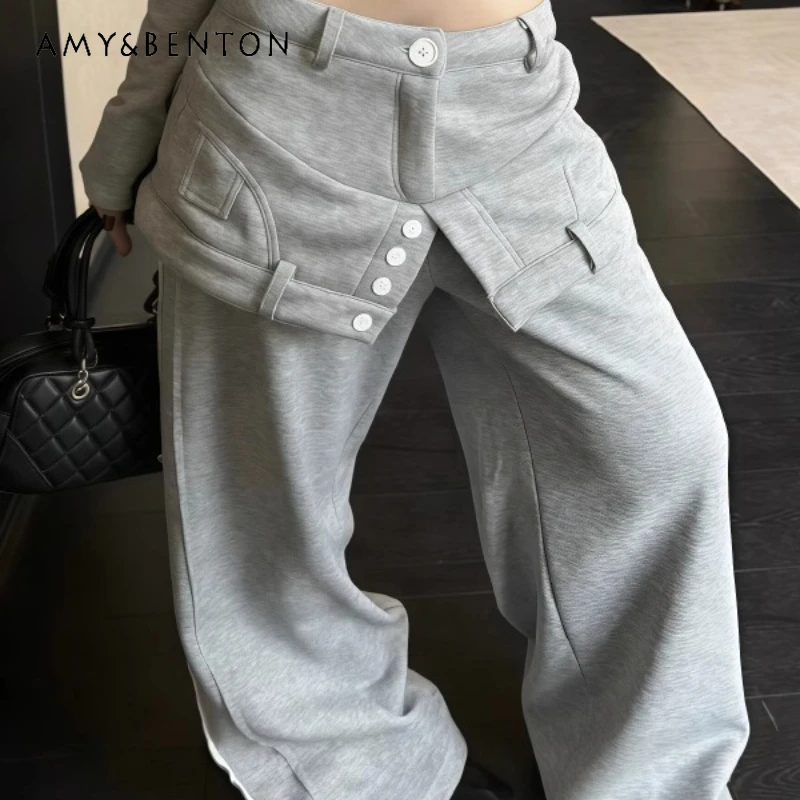 

American Retro Slit Curtain Gray Women's Skirt Pants 2025 Winter New Loose Versatile High-End Design Wide-Leg Sweatpants Ladies