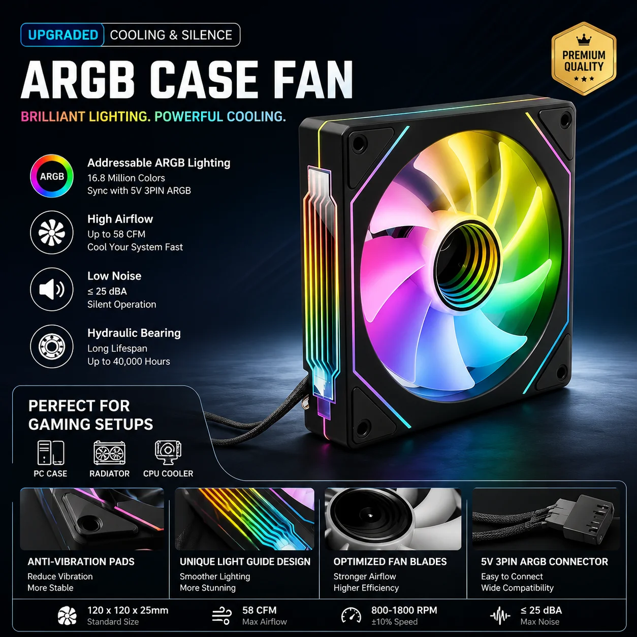 Ventilateur de boîtier ARGB Prism 5 Pro 12CM – Silencieux, PWM / Contrôle de température, 5V 3 broches, Ventilateur RGB à haut débit d'air pour PC Gaming et configurations personnalisées