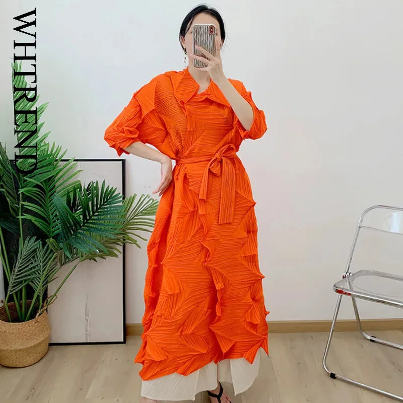 

WHTREND Pleated Long Trench Coat For Women Autumn Loose Solid Color Big Size Stylish Cardigan With Belt Windbreaker WH1193