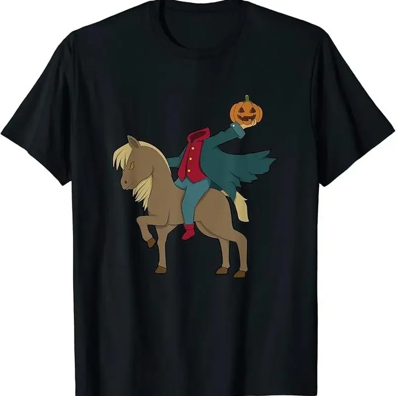 

Funny Headless Horseman Pumpkin Graphic Tee Cartoon Halloween Themed Short Sleeve T-shirt For Men
