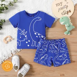 0-2 year old baby boy summer cartoon dinosaur print short sleeved pullover top shorts casual set