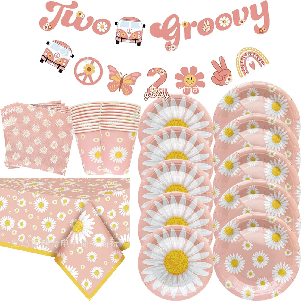 デイジーデザインの使い捨て食器,プレート,カップ,ナプキン,女の子のバナー,ベビーシャワー,誕生日パーティー,夏