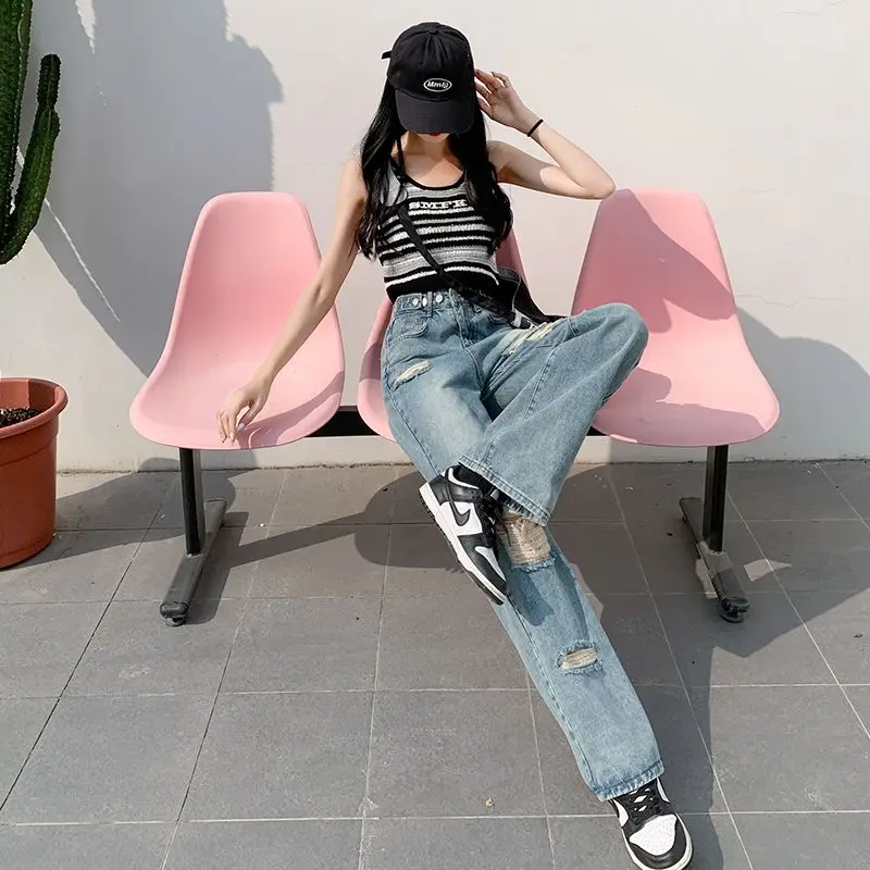 Fashionable Perforated Straight Leg Jeans for Women Spring/Summer 2023 New Slim and Loose Fitting High Waisted Wide Leg Pants