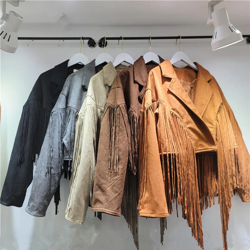 النساء فو سترات من الجلد الصلبة معاطف قصيرة شرابة رفض طوق طويلة الأكمام مغطاة زر فضفاضة تناسب الشارع الشهير 2025 الخريف