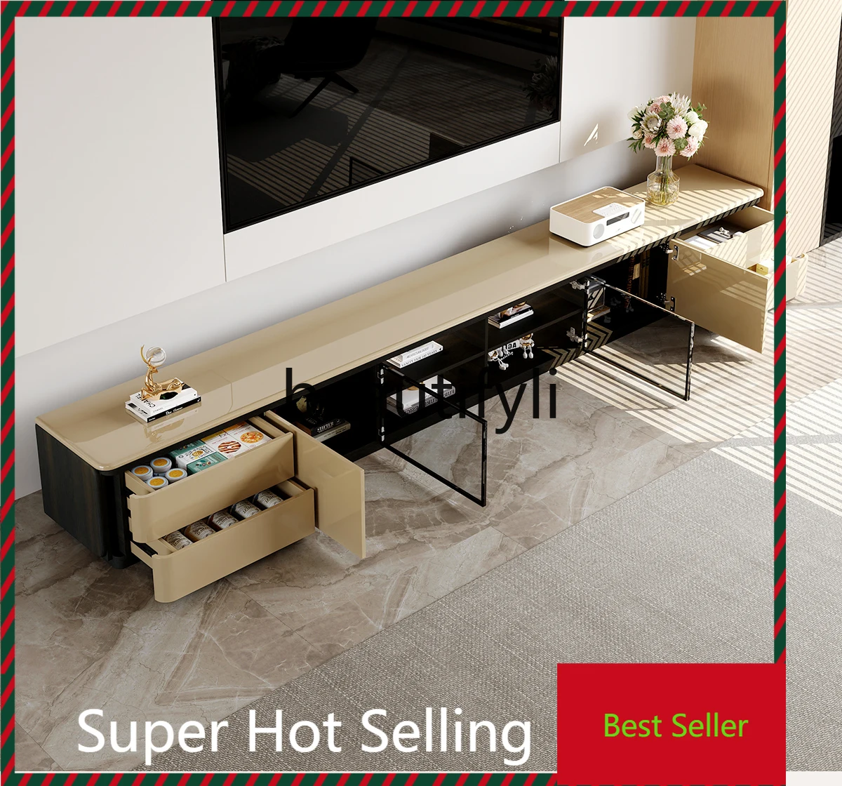 

Light Luxury TV Cabinet Solid Wood Floor-Standing Living Room High-End Italian Style Glass Coffee Table TV Cabinet Set Lacquered