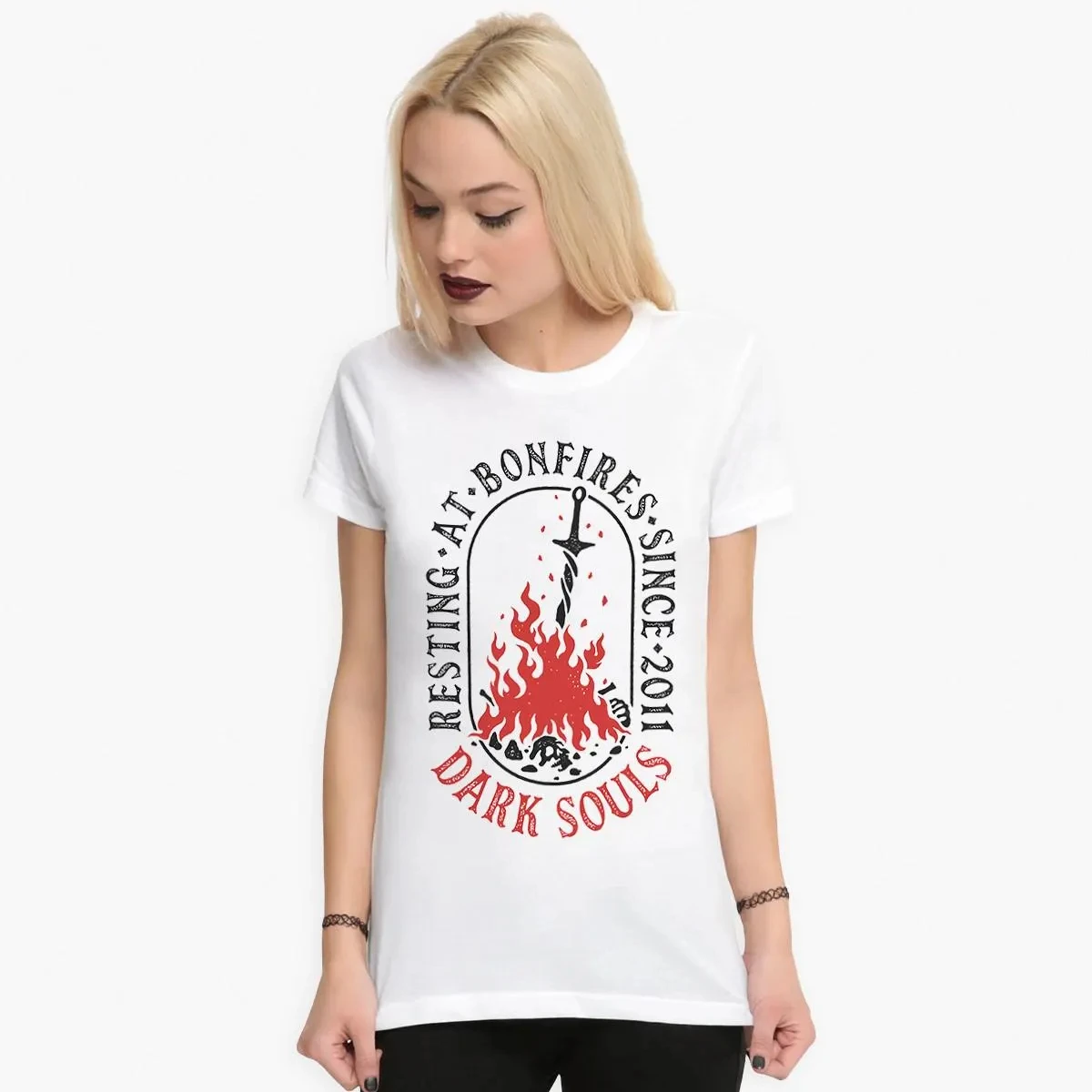 Dark Souls Bonfire Sword Element Printed T-shirt for Women's Gaming Style Top Spring/Summer Pure Cotton Short Sleeve T-shirt