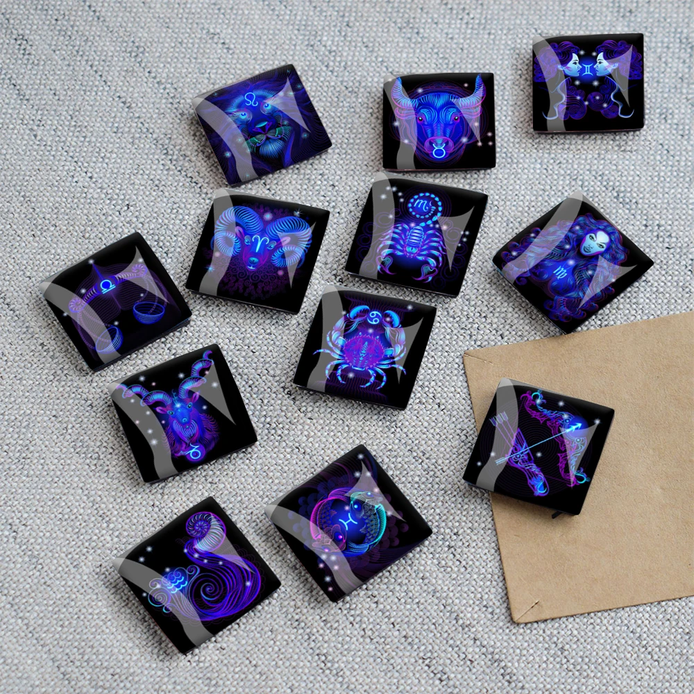 1PC Mini Square Refrigerator Magnetic Holder  Black 12 Zodiac Constellations Themed Pattern Stickers Glass Dome Decor 30MM