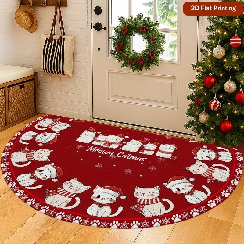Abstract Christmas Trees Semi Circle Doormat Modern Plaid Welcome Mat