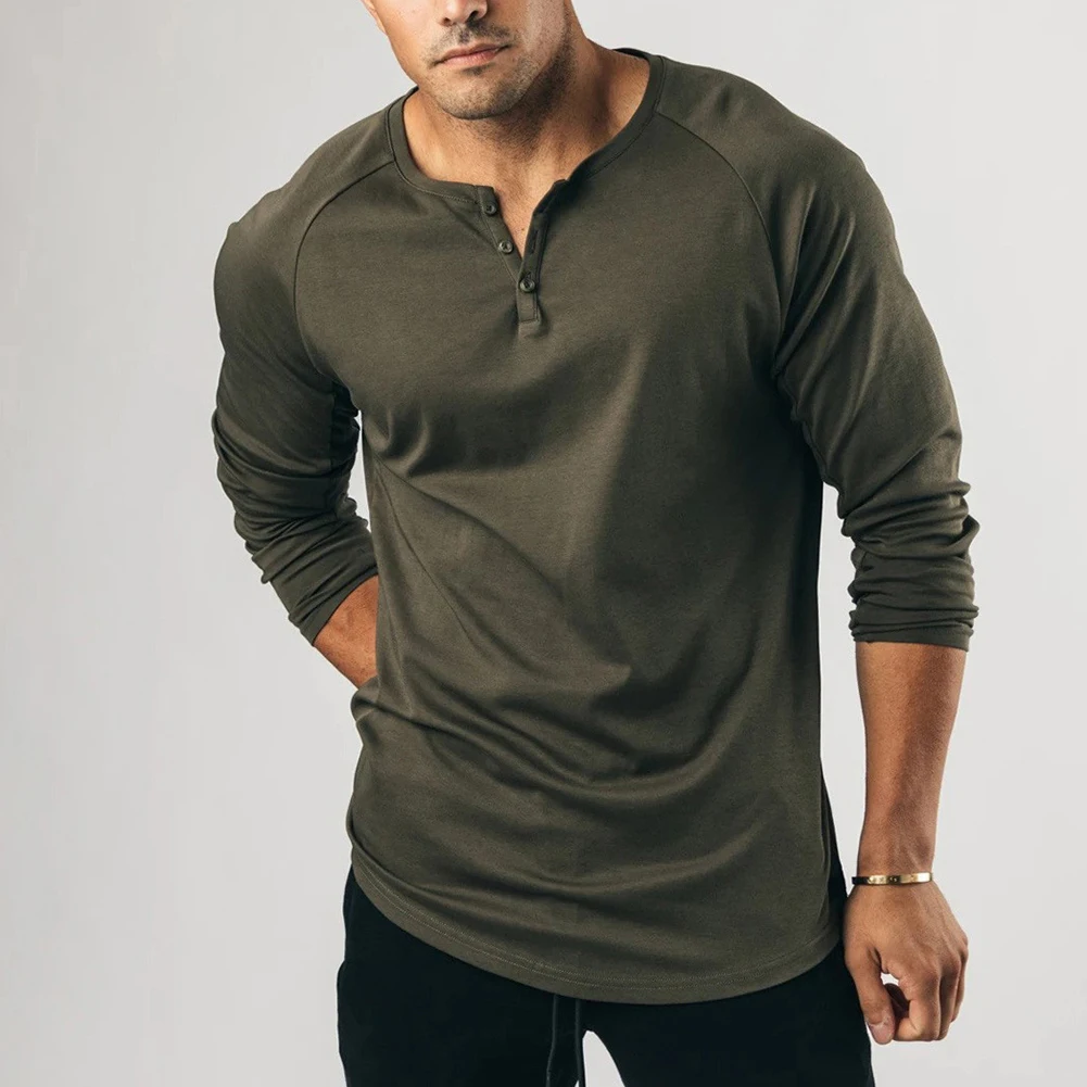 Mens Casual Long Sleeve T-shirt Henley Grandad V Neck Button Solid Tee Shirt Top Slim Fit Sports Training Elastic Tops