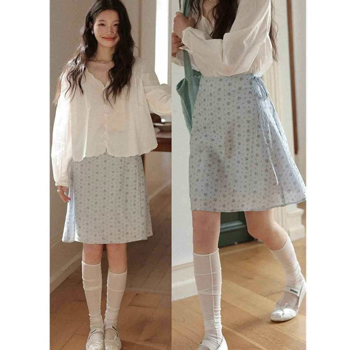 Blue Floral High Waist A-Line  Skirt Women's Summer New Style Commute Anti-Static Printed Polyester Fiber Skirt