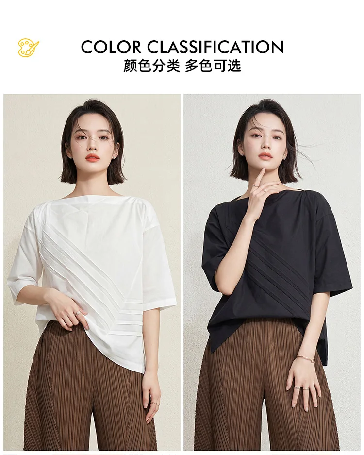 Luxury-inspired pleated shirt for women, asymmetrical boat neck, mid-length sleeves, unique and loose fit, perfect for commuting