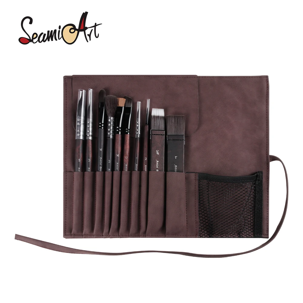 SeamiArt 10pcs/set Nylon Hair Wooden Handle Artist Painting Brush with Leather Storage Bag for Watercolor Painting Art Supplies